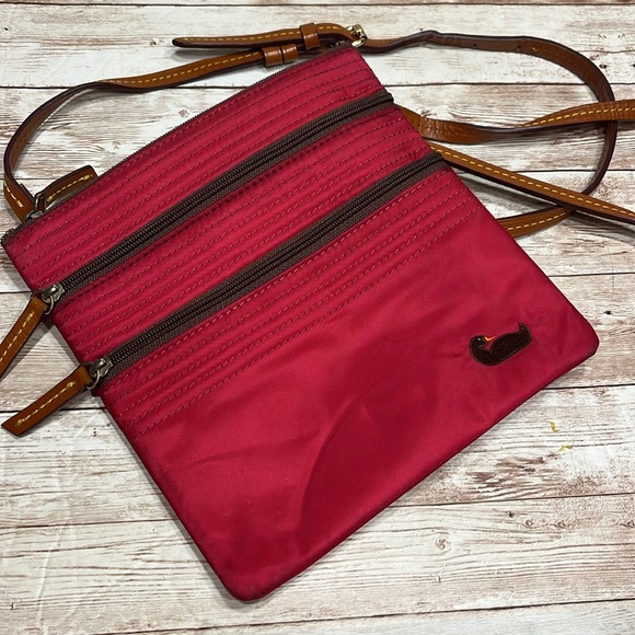 Dooney & Bourke Crossbody Mini Purse Red Pink Easy Clean Brown Leather Strap - Picture 1 of 14